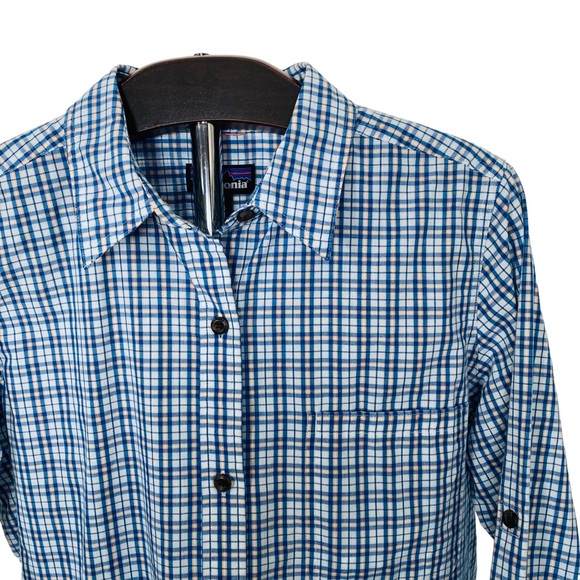 Patagonia Button Up Long Sleeve Shirt Blue Collared Plaid Roll Tab - Womens L - Picture 2 of 14
